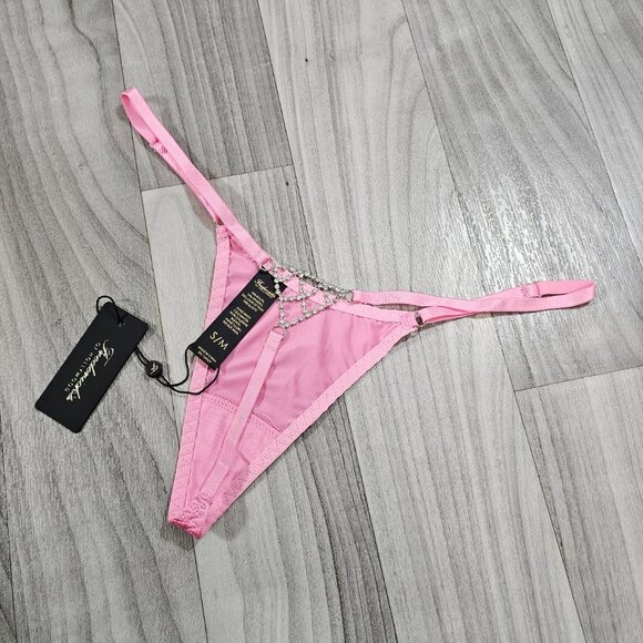 Frederick's of Hollywood Pink Adjustable Satin Thong Panty with Rhinestone Back - Picture 4 of 5